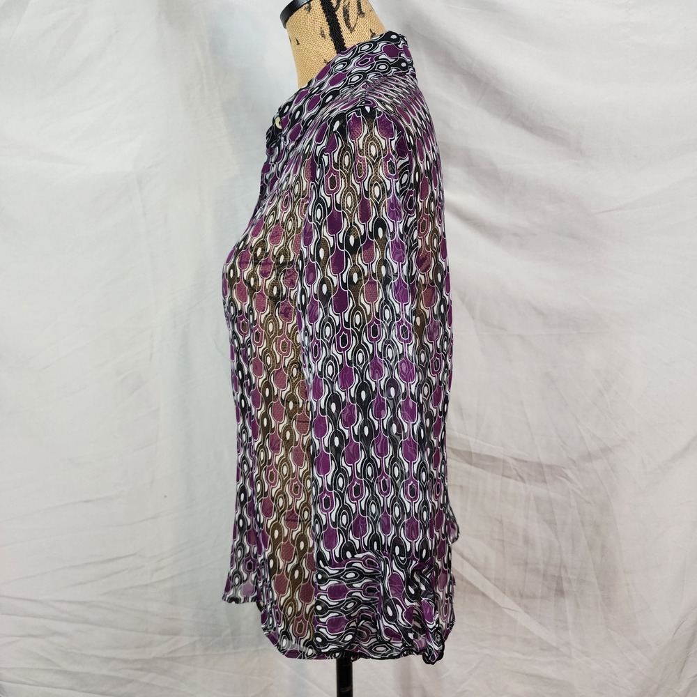 NICOLA Size Med Sheer Geometric Print Chiffon Flare Sleeve Office Casual Blouse - Picture 3 of 13